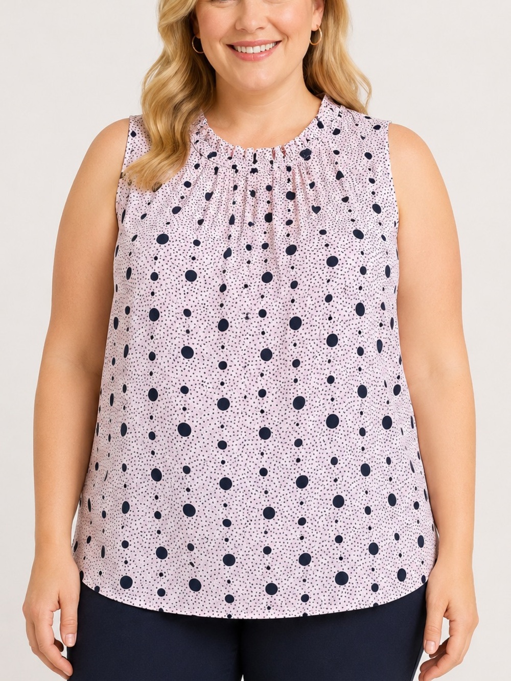 Talbots‎ Plus 2X Pink Polka Dot Ruffle Neck Sleeveless Blouse Career Chic Preppy